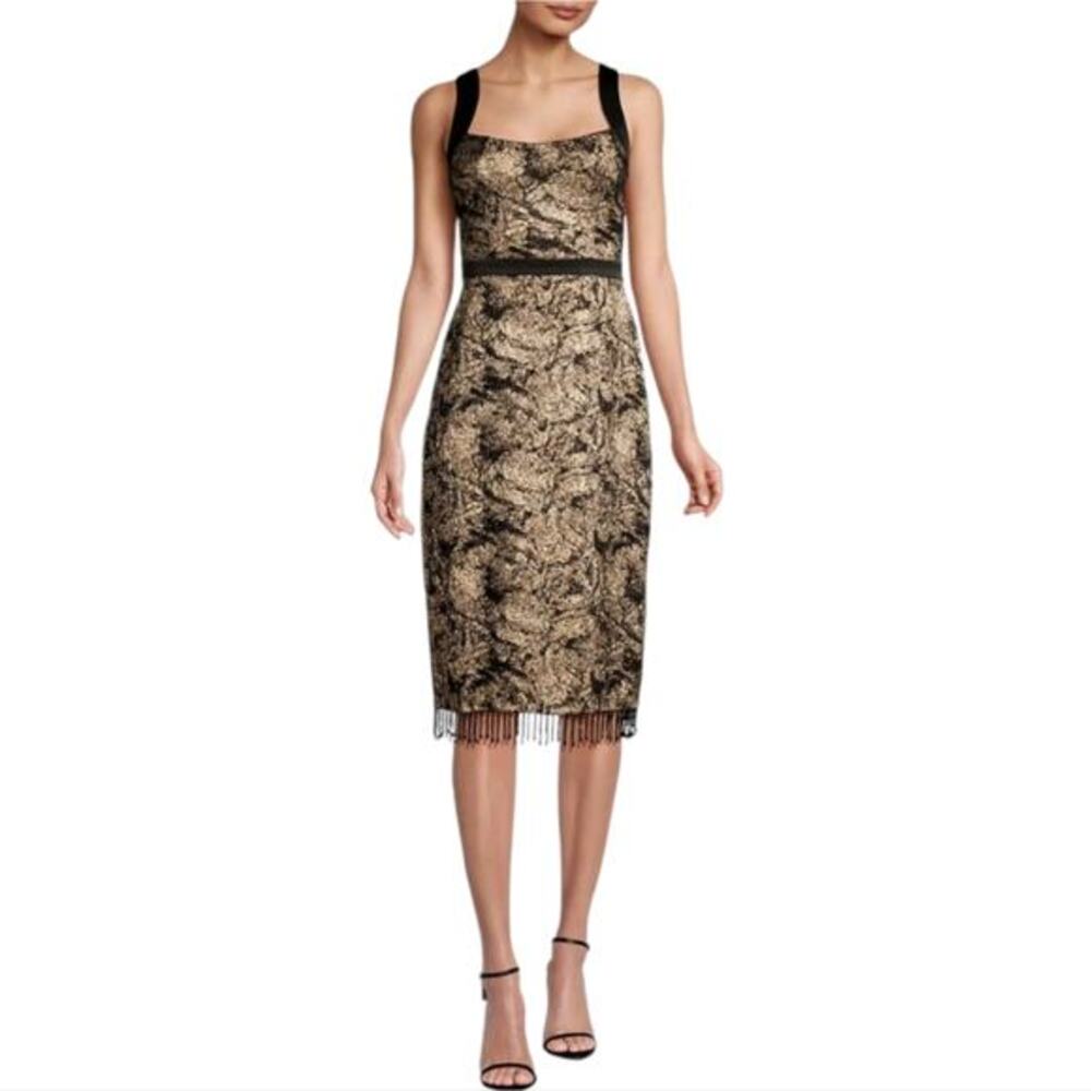 Aidan Mattox Jacquard Scoop Neckline Sleevelessโ Beaded Fringe Trim Dress Size 0